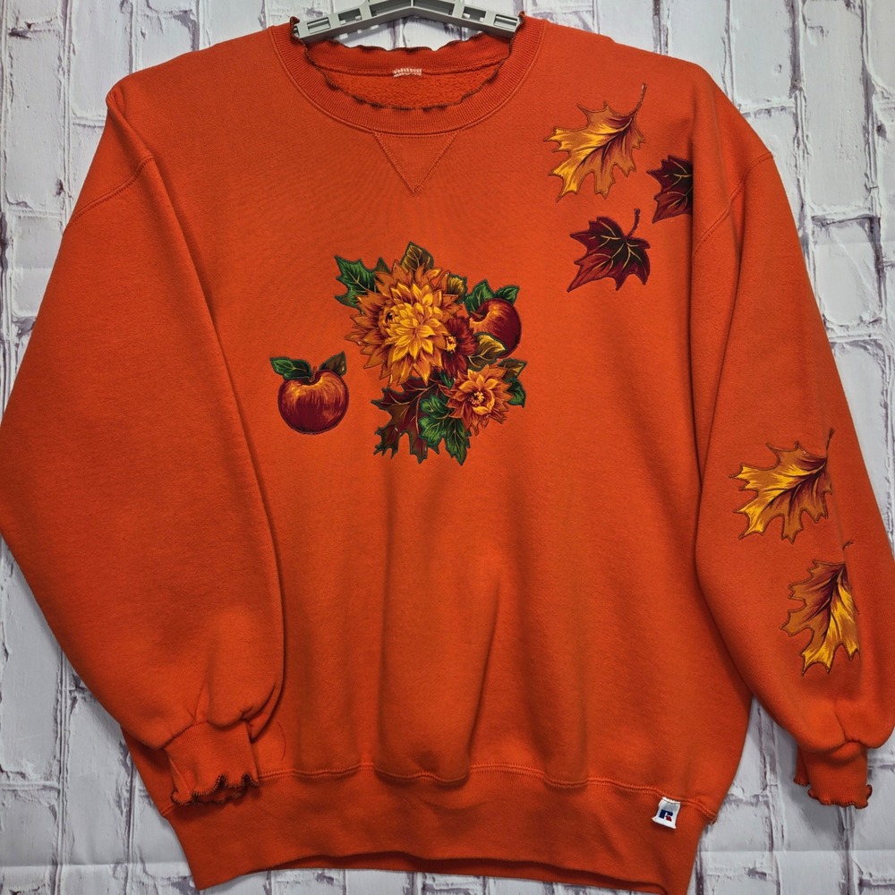 Vintage Russell Athletic Sweatshirt Orange Fall Leaves Floral Apple Women XL